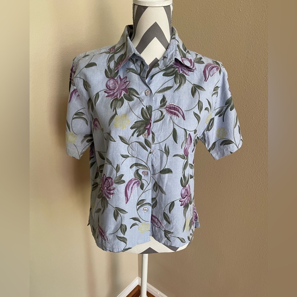 Button Up Shirt with Purple and Yellow Flowers -  100% Cotton - Size: Small